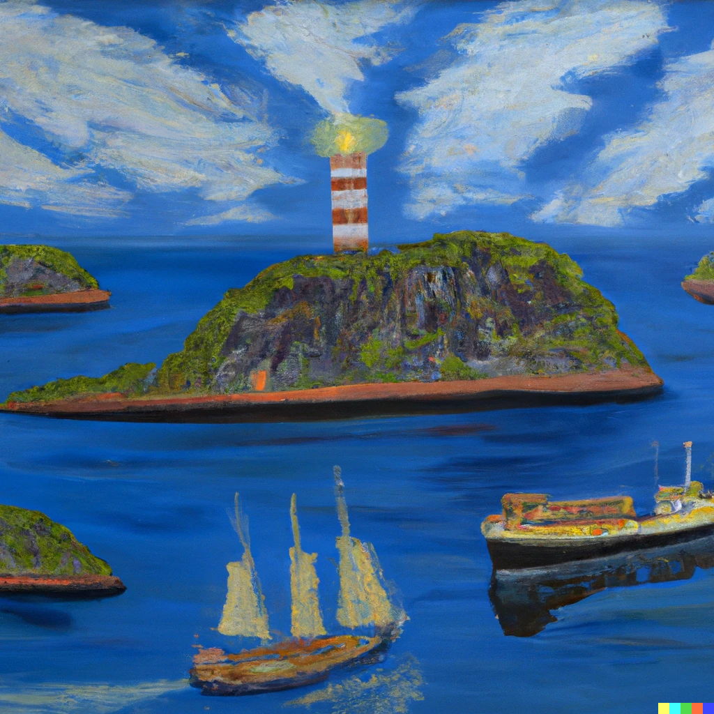 The picture depicts ships sailing in between islands. In the center is a larger island with a rocky mountain. On top is a lighthouse guiding the way.